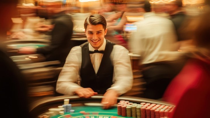 Mesin slot digital berwarna merah dengan efek visual menarik dan fitur jackpot